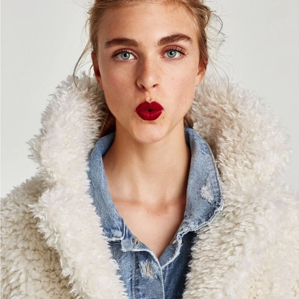 NWT Zara white textured curly knit teddy coat S - Picture 4 of 9